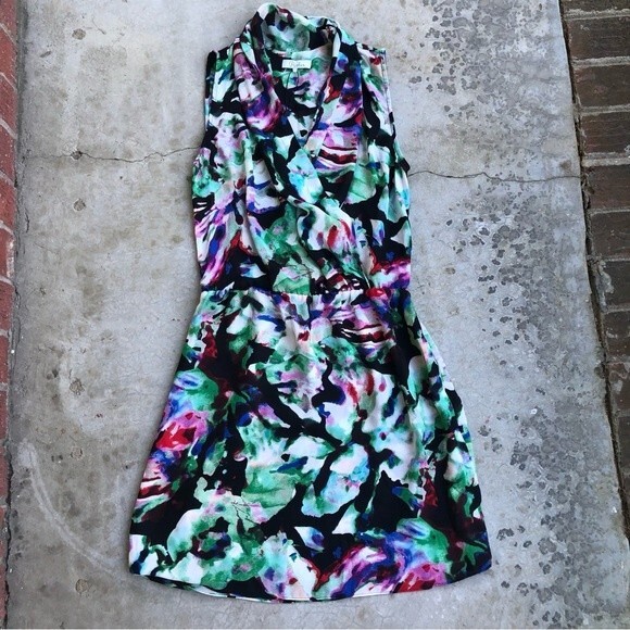 Parker Mini Dress Draped Surplice Neck Floral Watercolor Printed Black Green S - Picture 2 of 5